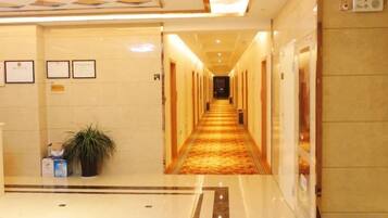 Un pasillo de hotel con piso alfombrado, cuadros en la pared y una planta en maceta.