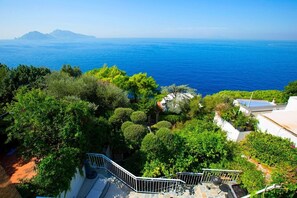Una proprietà costiera con una scala che conduce a una terrazza sul tetto, circondata da vegetazione lussureggiante e con vista sul mare e montagne in lontananza.