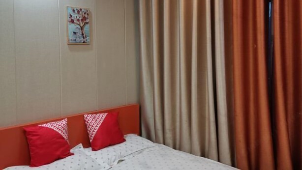 Une chambre d’hôtel avec un lit, des oreillers rouges, un tableau accroché au mur et des rideaux.