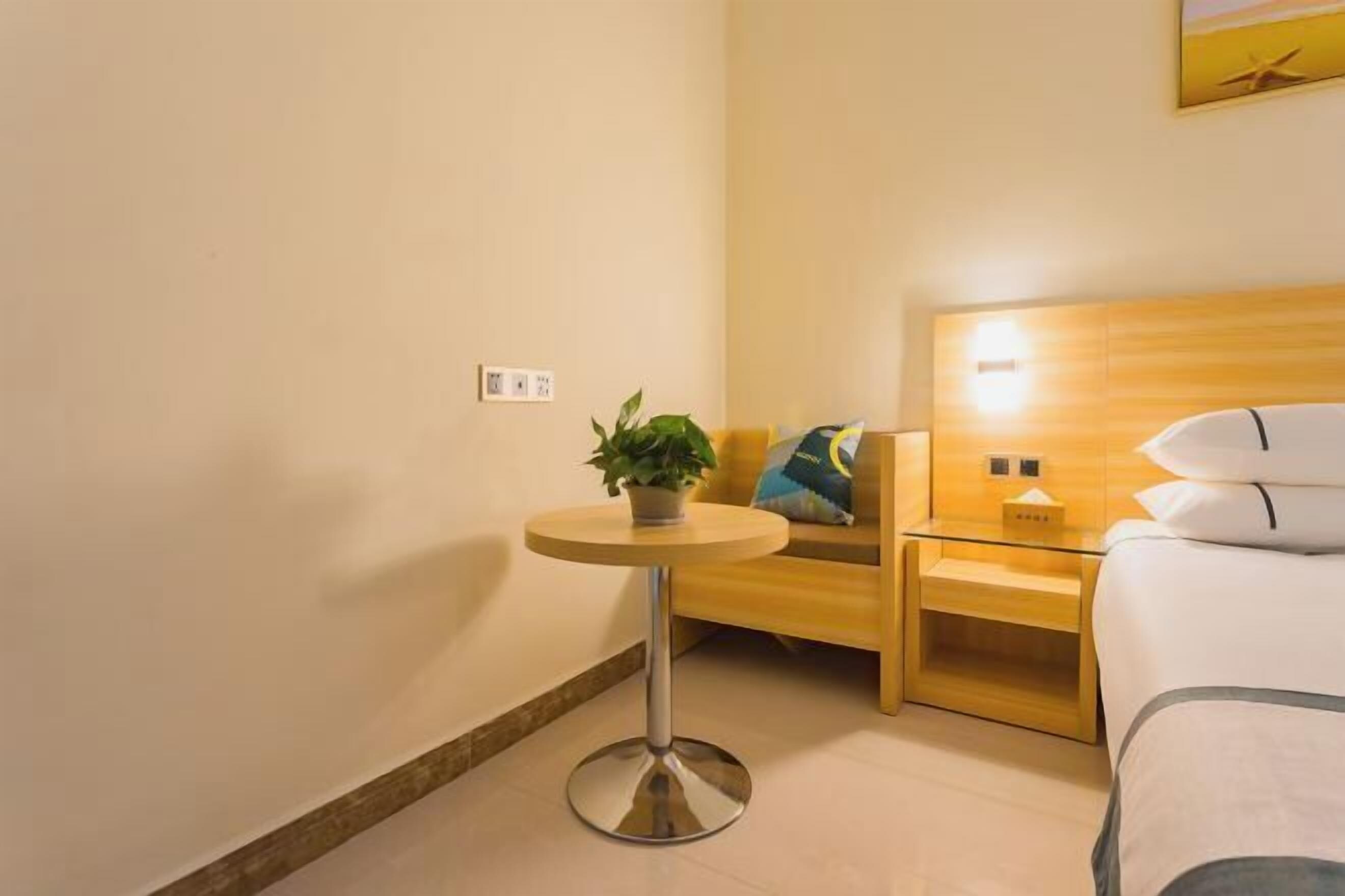 A hotel room with a bed, a bedside table with a lamp, a small round table with a plant, and a wooden headboard.