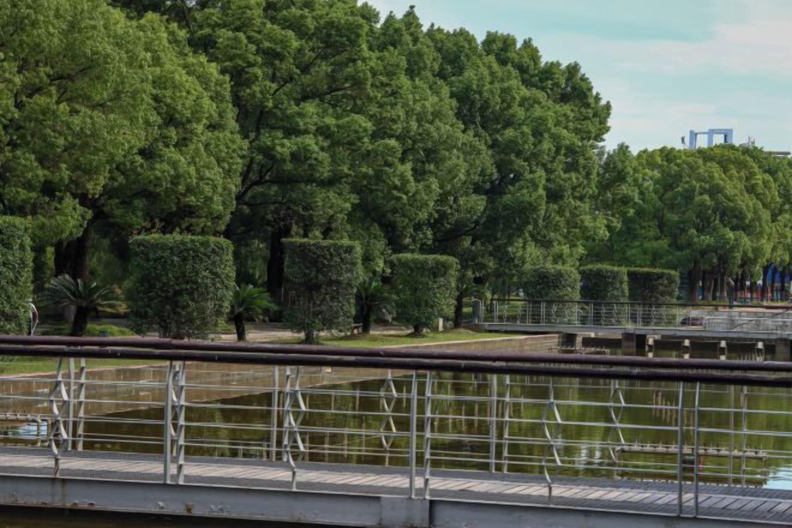 A park with a bridge over a body of water, surrounded by trees and a metal railing.