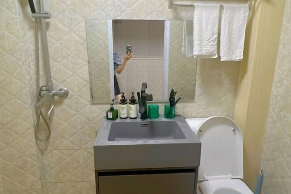 A bathroom with a sink, mirror, and toilet.
