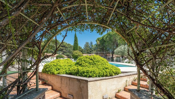 A pool area with steps leading down to the water, surrounded by greenery and a clear sky. - Cottage with pool in Provence N°2 (La Roque-sur-Pernes)