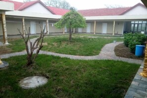 A courtyard with a tree, a pathway, and a building with a red roof. - Qingdao Tianheng Island Homestay (Qingdao)
