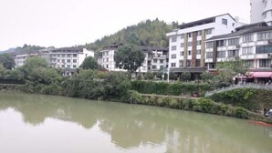 Vista junto al río con edificios de varios pisos, un puente y abundante vegetación.