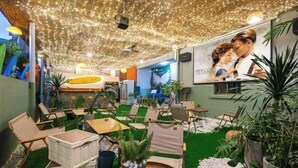 A cozy indoor space with a ceiling adorned with string lights, comfortable seating areas, and a variety of plants. - Shenzhen Xinghai Xiaoye Inn (Shenzhen)