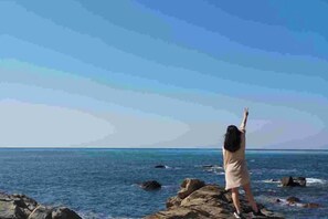 A person standing on rocks by the sea, with the ocean and sky in the background. - Shenzhen Xinghai Xiaoye Inn (Shenzhen)