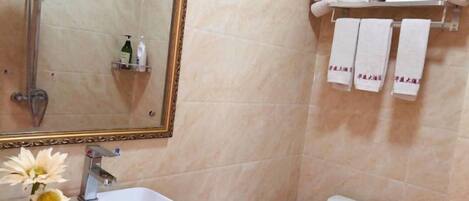 A bathroom with a sink, mirror, shower, and toilet.
