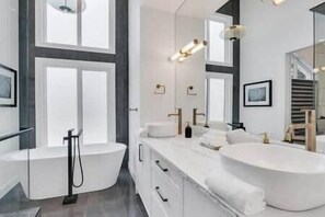 Hair dryer, towels, soap, shampoo