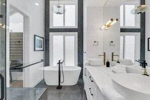Hair dryer, towels, soap, shampoo
