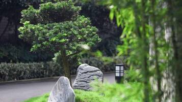 A landscaped garden with a coniferous tree, a rock, and a traditional lantern.
