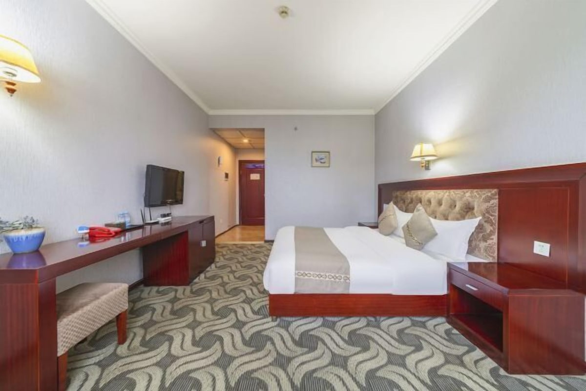 A hotel room with a bed, desk, TV, and a patterned carpet.