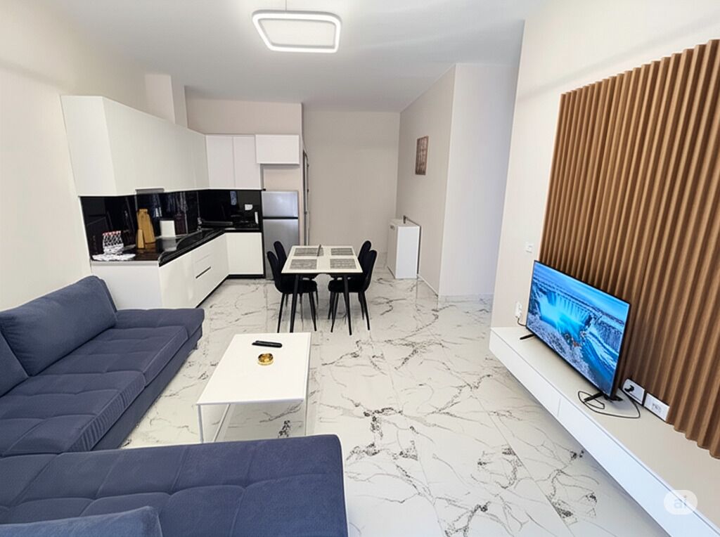 Una sala moderna con sofá, una mesa de comedor con sillas, un televisor sobre un mueble bajo, y una zona de cocina al fondo.