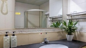 Een badkamer met een wastafel, spiegel, handdoekhouder en twee planten.