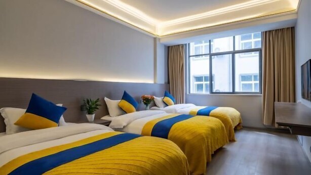 Een hotelkamer met twee bedden, een televisie, een raam en een plant.