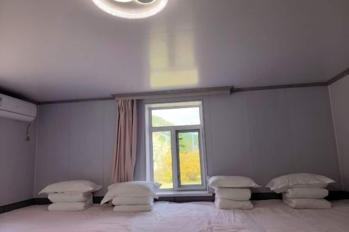 A hotel room with a bed, pillows, a window, and a ceiling light.