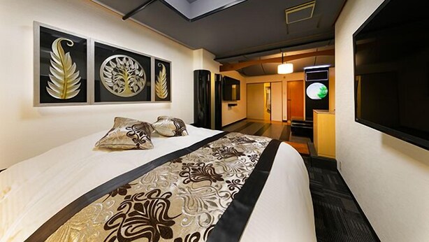 Quarto de hotel com cama, claraboia, obras de arte na parede e televisão.
