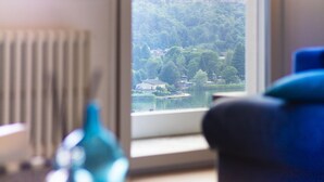A room with a view of a lake and trees, a radiator, and a blue chair.