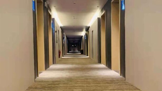 Un long couloir étroit, orné d’un tapis à motifs et bordé de portes des deux côtés.