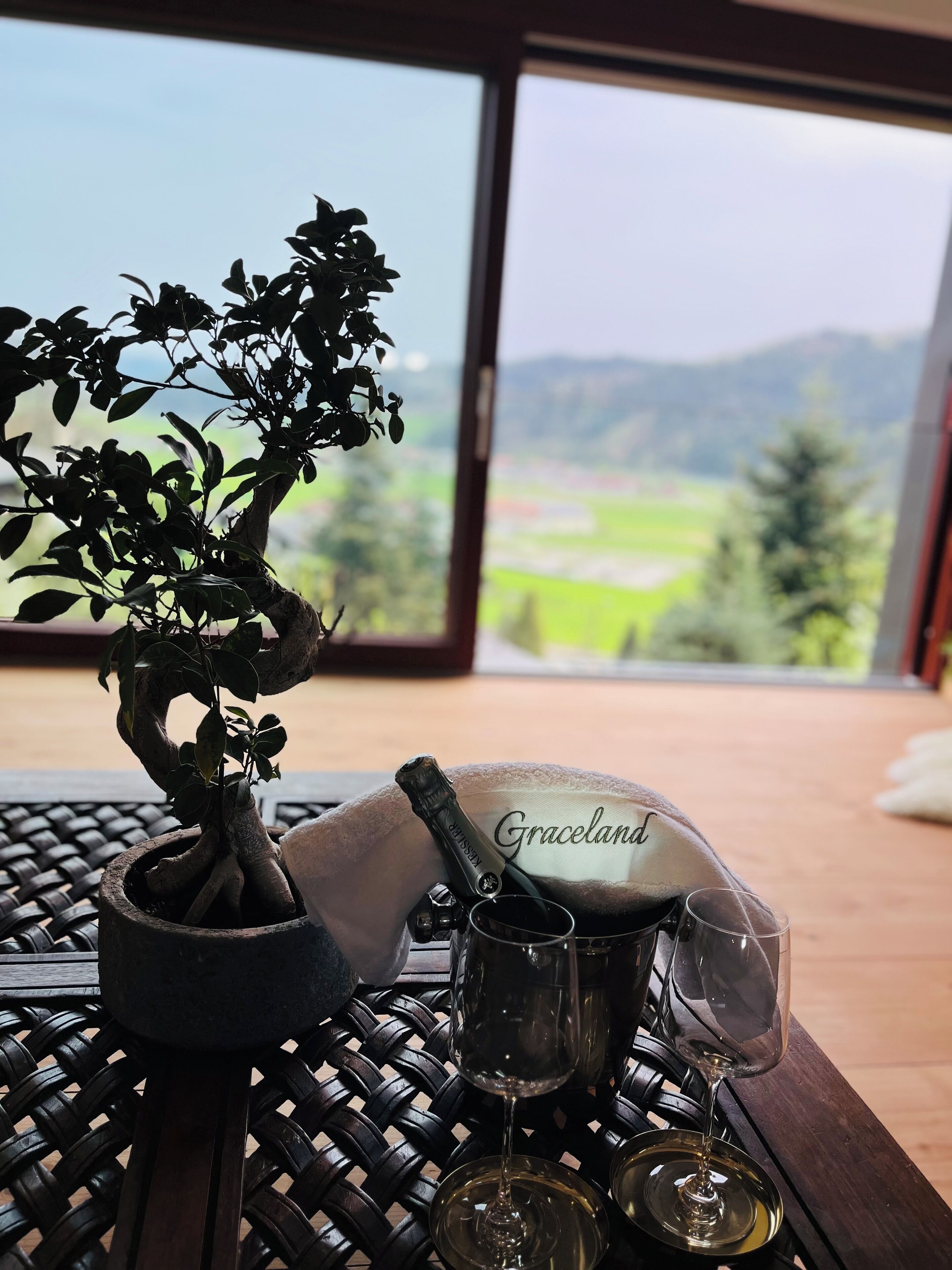 A table with a bonsai tree, a bottle of Graceland champagne, and two glasses of wine, set against a scenic mountain view.