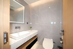 Een moderne badkamer met een witte wastafel, spiegel en toilet.