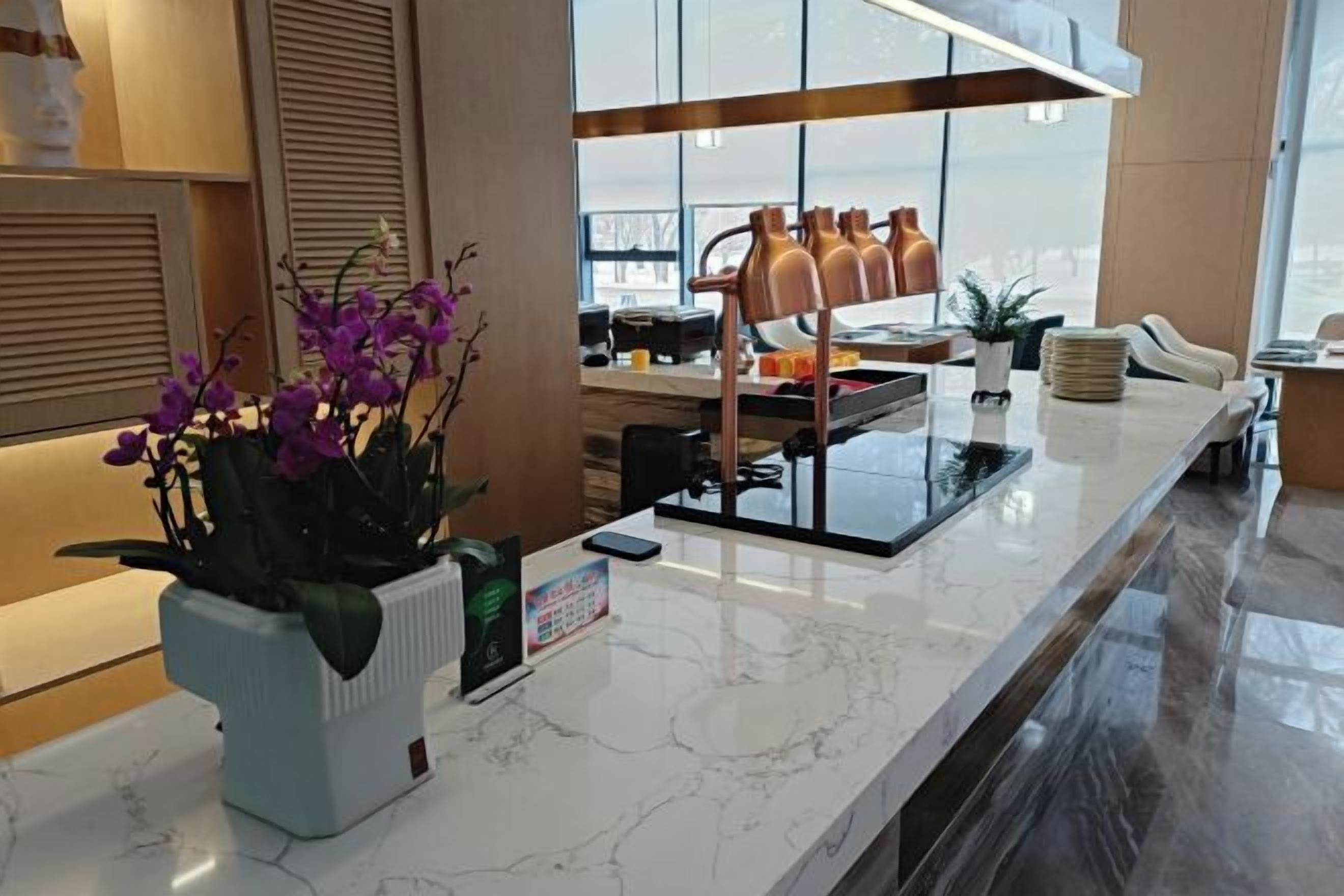 Un hall d’hôtel moderne avec un comptoir d’accueil en marbre, une plante en pot et un coin café.