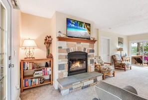 Smart TV, fireplace, DVD player, books