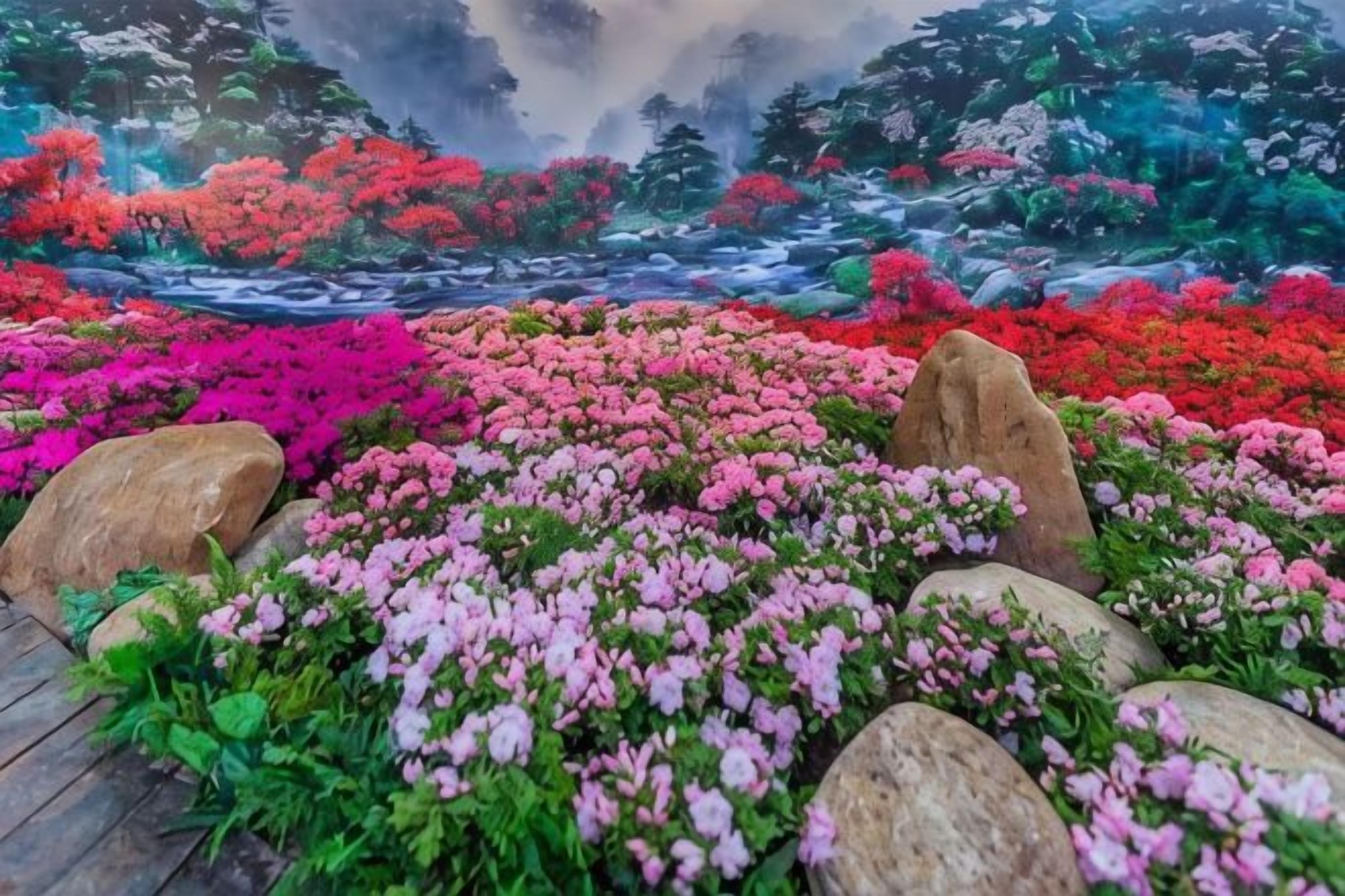 A garden with various plants and rocks.