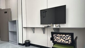 Moderni huone, jossa on seinälle asennettu taulutelevisio, kuviollinen selkänoja ja istuintuoli sekä roskakori.