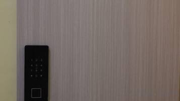 A door with a keypad lock.