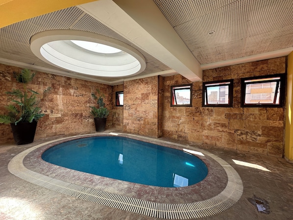 Una piscina interior con tragaluces, paredes de piedra y plantas en macetas.