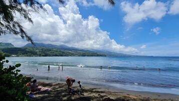 On the beach, sun-loungers, beach towels