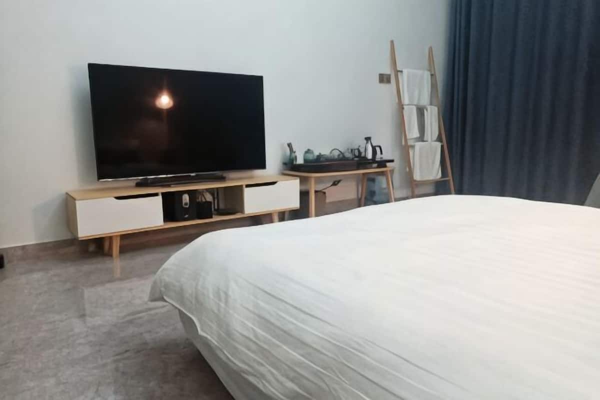 Habitación de hotel con una cama grande, un televisor de pantalla plana, un escritorio de madera y una escalera apoyada en la pared.