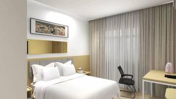 A hotel room with a bed, a desk, a chair, a bedside table, and a large window with curtains.
