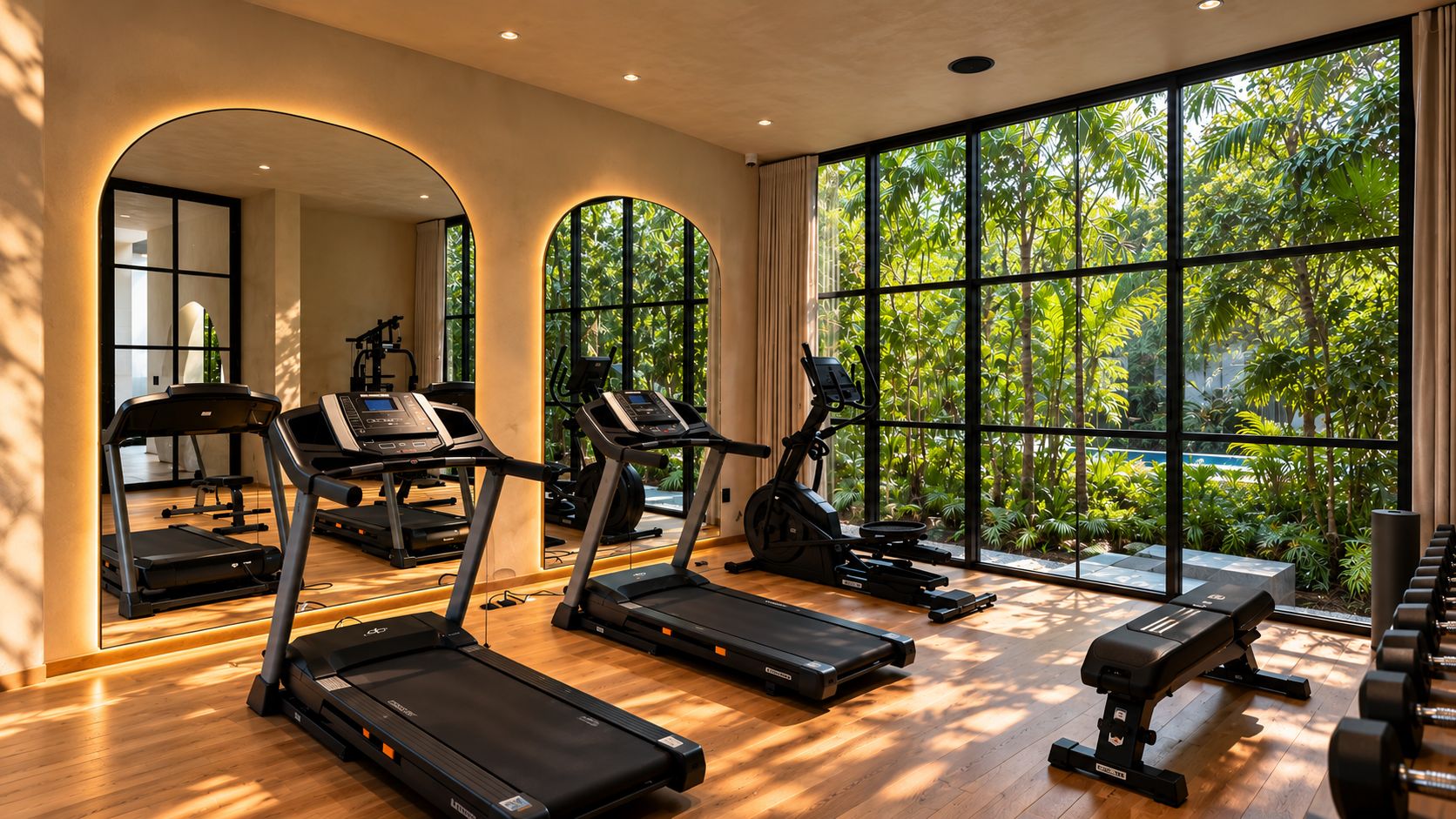 A gym with treadmills, stationary bikes, and benches, large windows with a view of greenery.
