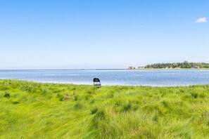 Un espacio verde con una silla frente a una masa de agua tranquila y una costa distante con edificios.