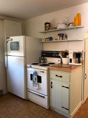 Une cuisine compacte équipée d’un réfrigérateur, d’une cuisinière, d’un four à micro-ondes et d’un plan de travail en bois.