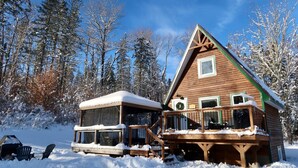 A wooden cabin with a covered porch and a separate glassed-in room, surrounded by snow-covered trees.