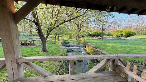 Um deck de madeira com vista para um jardim que inclui uma pequena cascata, mesas de piquenique e uma área gramada.