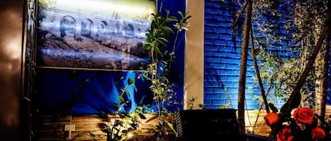 A room with a large TV mounted on a blue wall, a wooden desk, and a plant with red flowers.