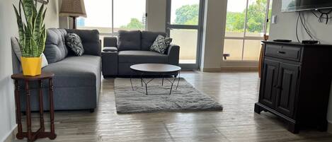 Un saló modern amb un sofà seccional gris, una taula de centre rodona, una taula auxiliar petita amb una planta en test i un moble d'alzina fosc.