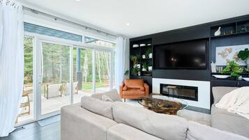 Televisor intel·ligent, llar de foc, llibres i estèreo