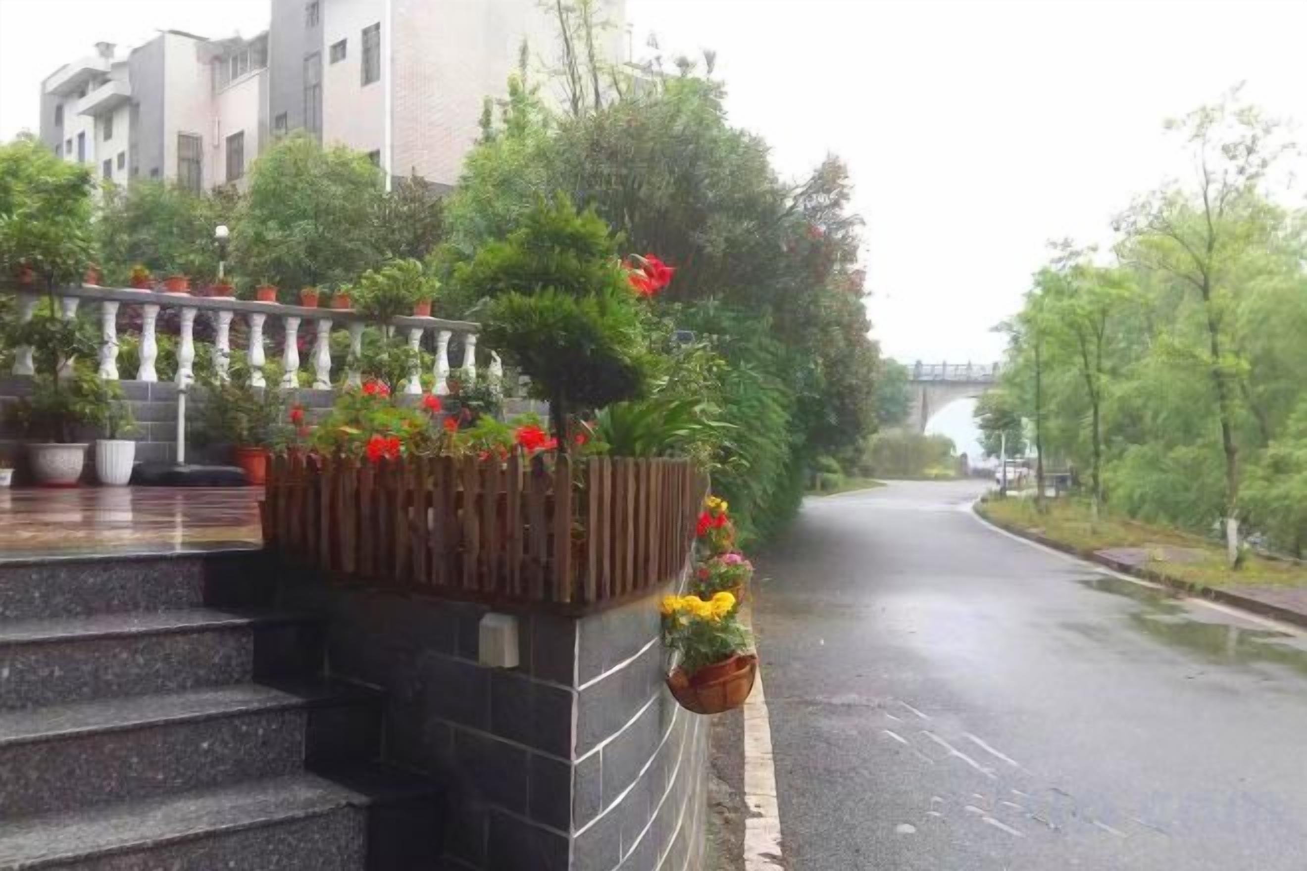 A set of outdoor stairs leading to a building entrance with potted plants and flowers.