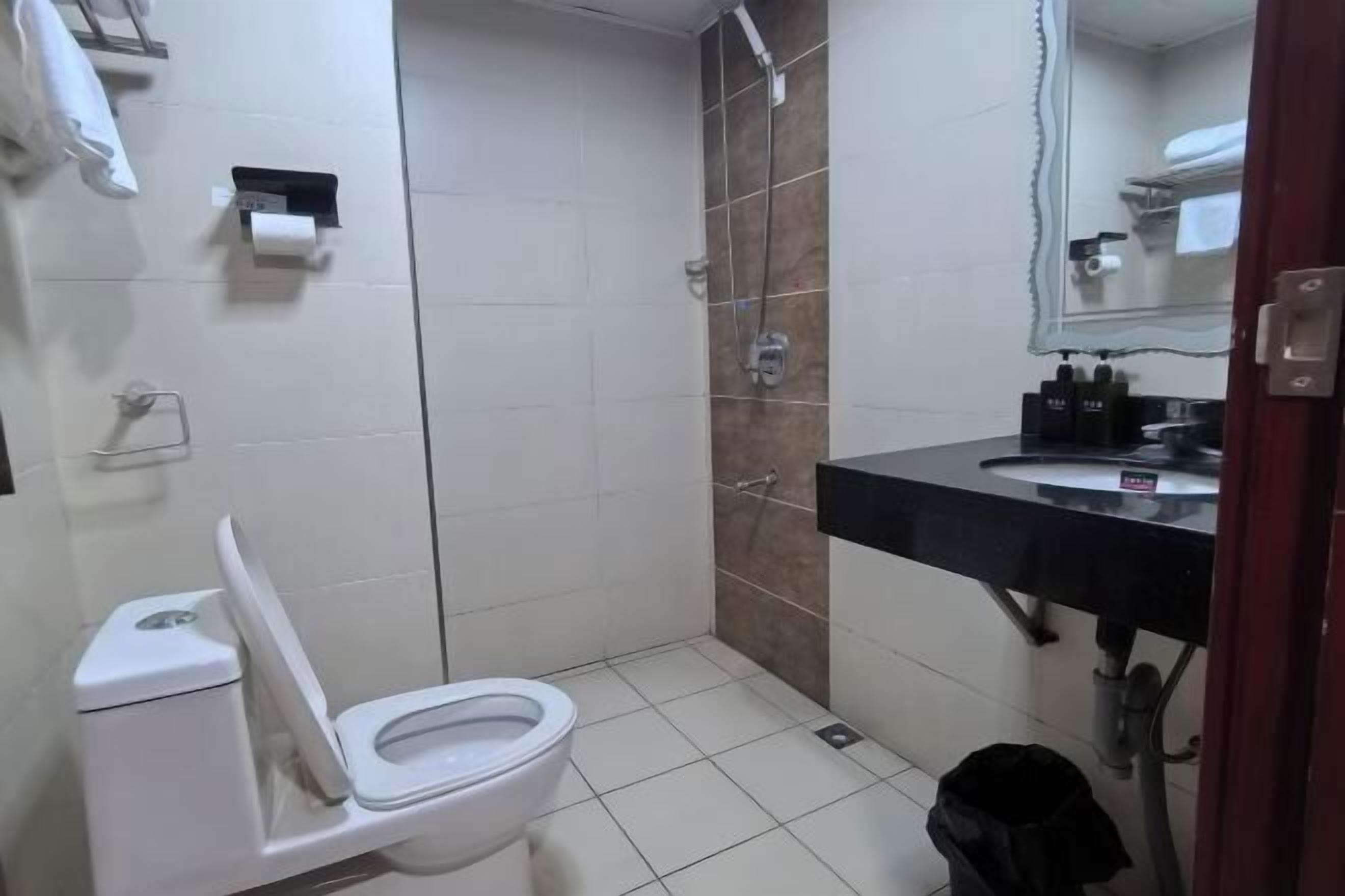 Un baño pequeño con inodoro, ducha y lavamanos.