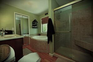 Shower, hair dryer, towels, toilet paper