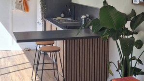 Moderni keittiö, jossa on kiinteä keittiösaareke, baarituolit ja suuri ruukussa oleva kasvi.