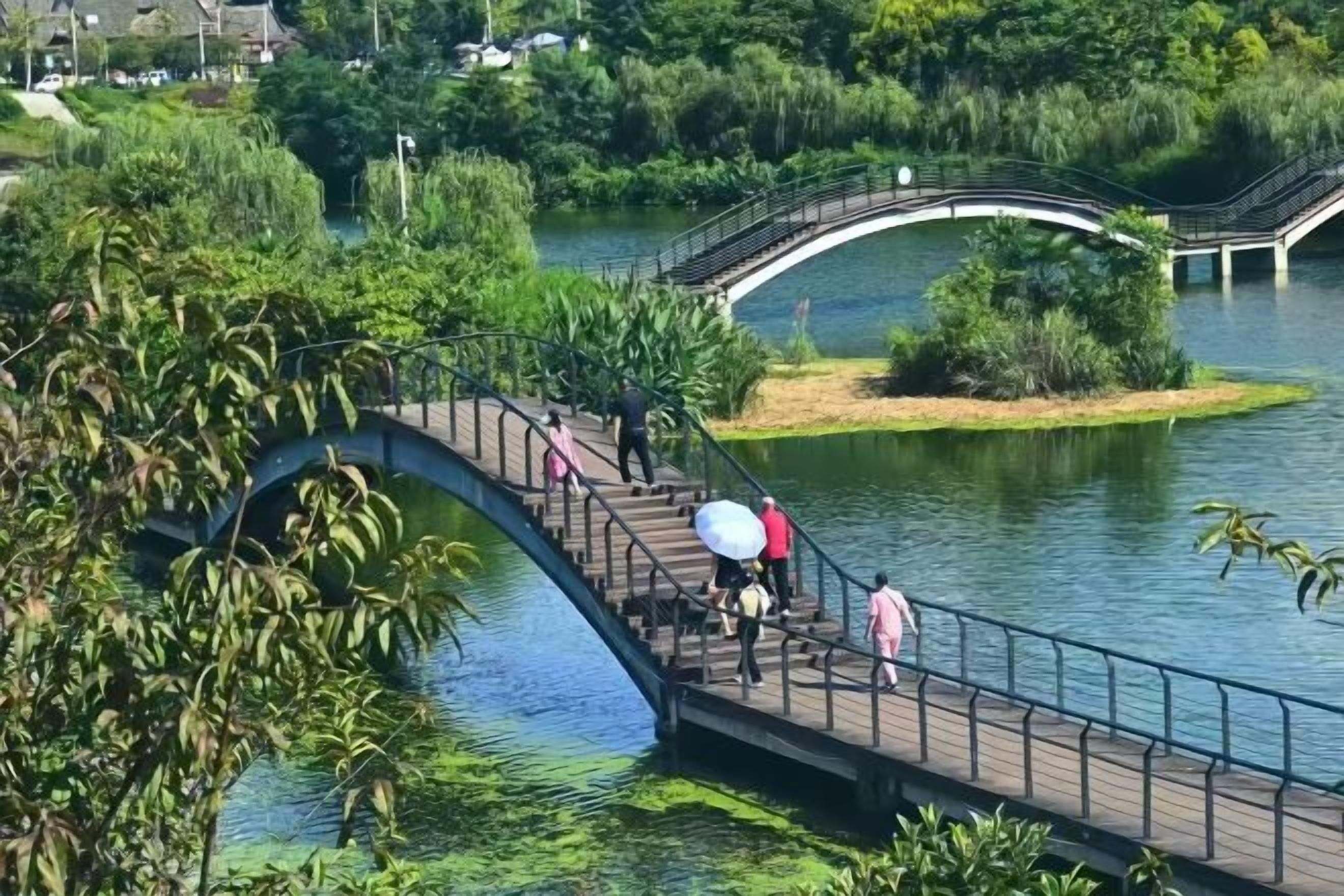 A curved wooden bridge over a body of water with a small island, surrounded by greenery.