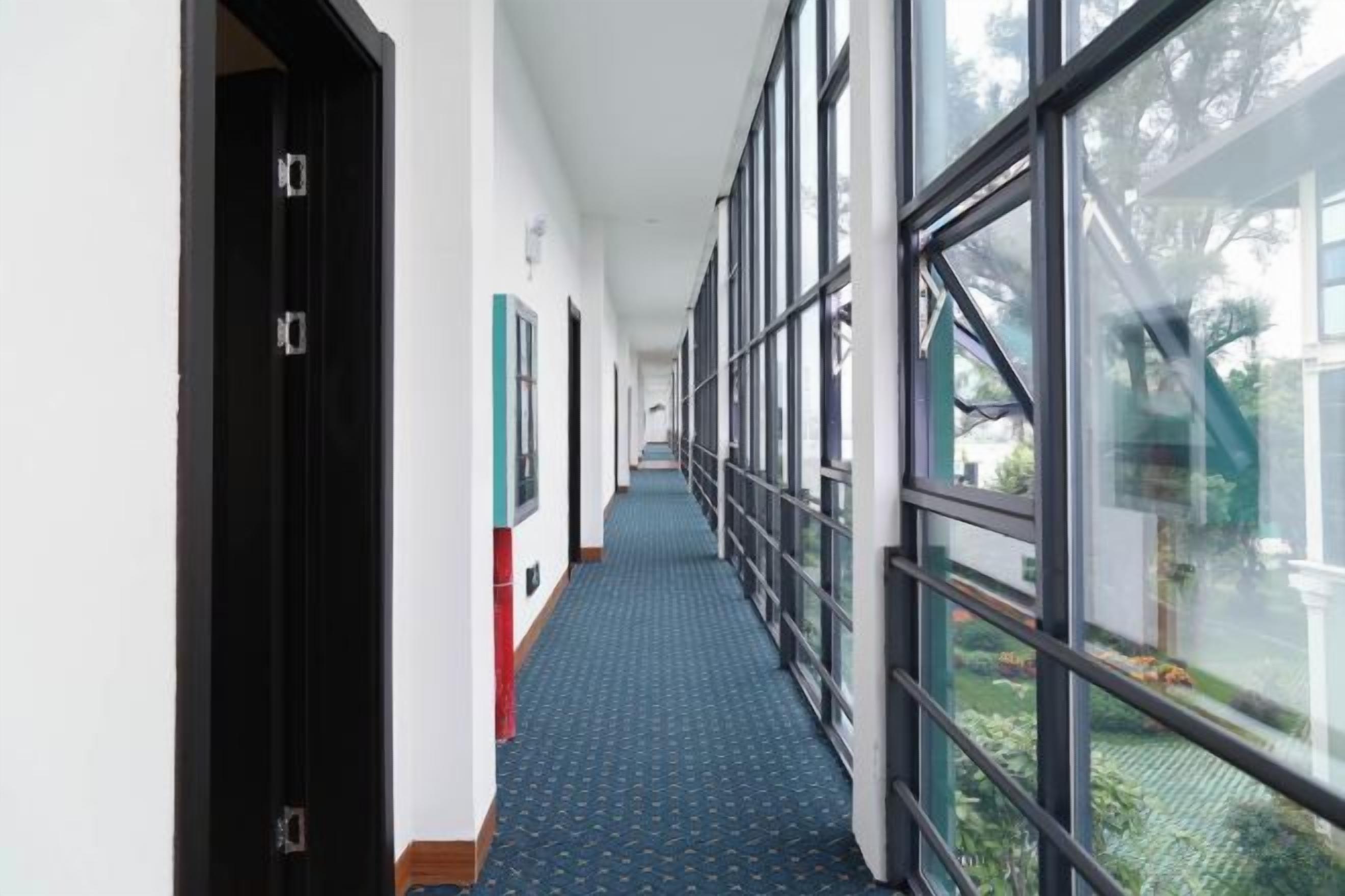 A corridor with a patterned carpet, large windows, and a door on the left.