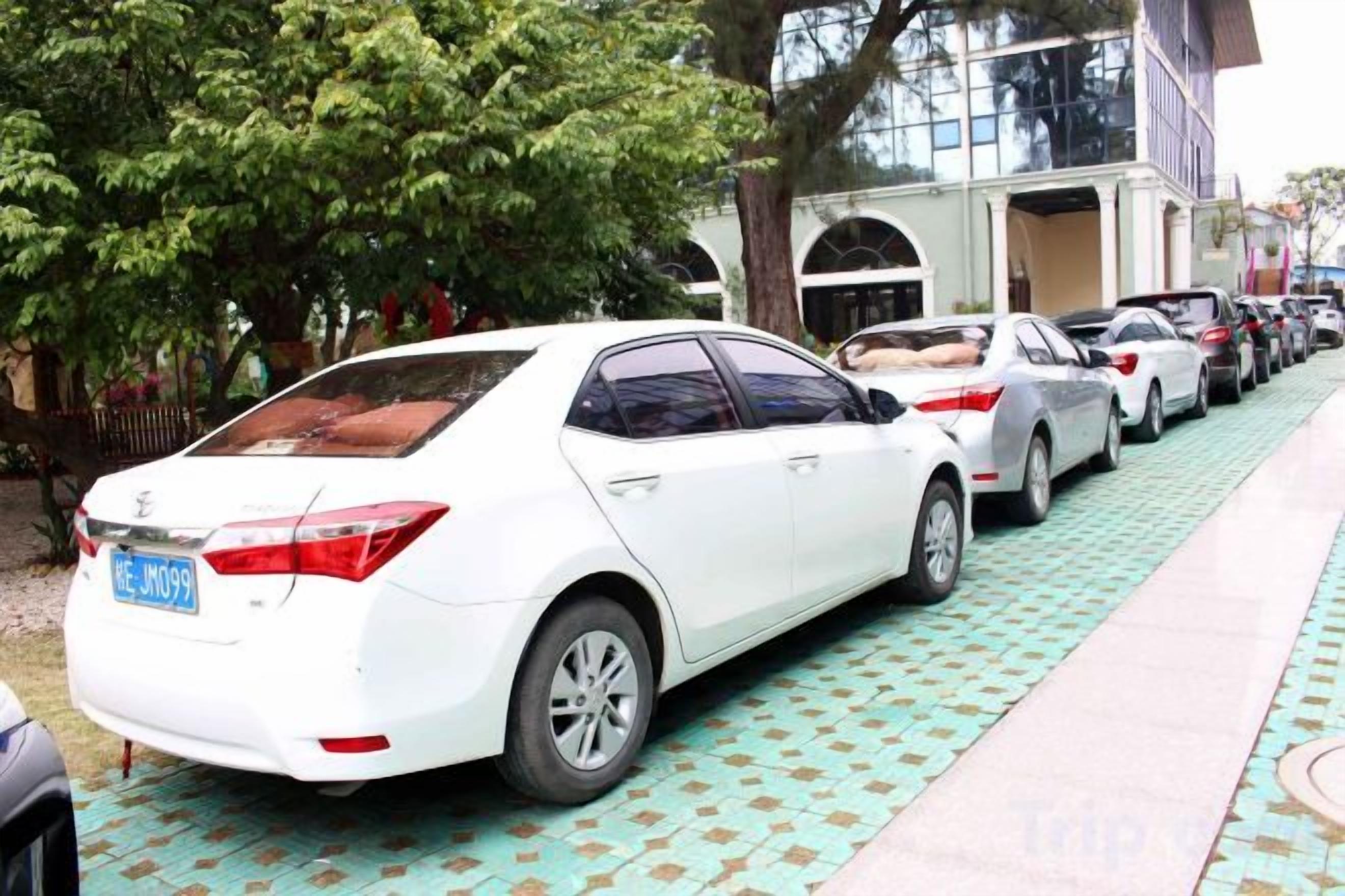 A row of parked cars along a sidewalk with a patterned pavement.