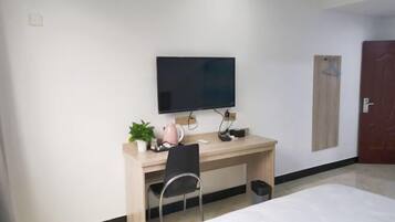 A hotel room with a bed, a desk with a chair, a television, a small plant, and a door.